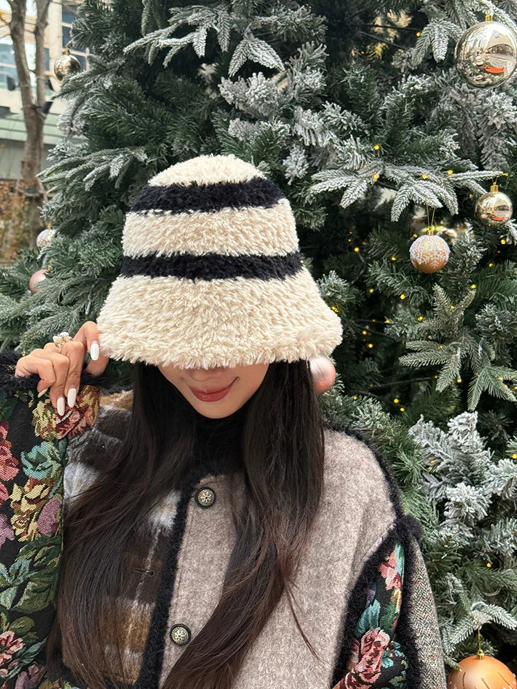 Sweet Striped Color Block Warm Plush Bucket Hat For Women