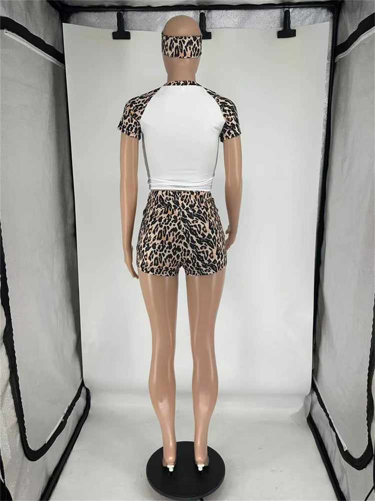 Casual Simple 3 Piece Set Women Solid Headbands+Patchwork Crop Tops+Skinny Shorts Matching Daily Fashion Sporty Suit