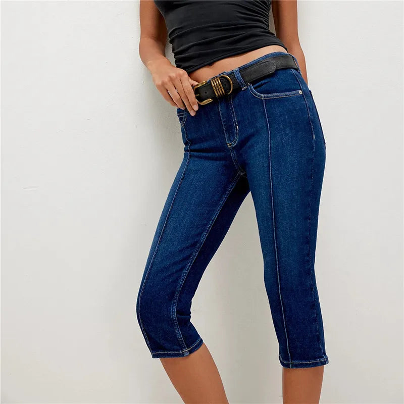 Elegant Office Women High Waist Front Seam Capri Jeans Slim Knee Length Denim Pants Solid Casual Commuter Mid Trousers