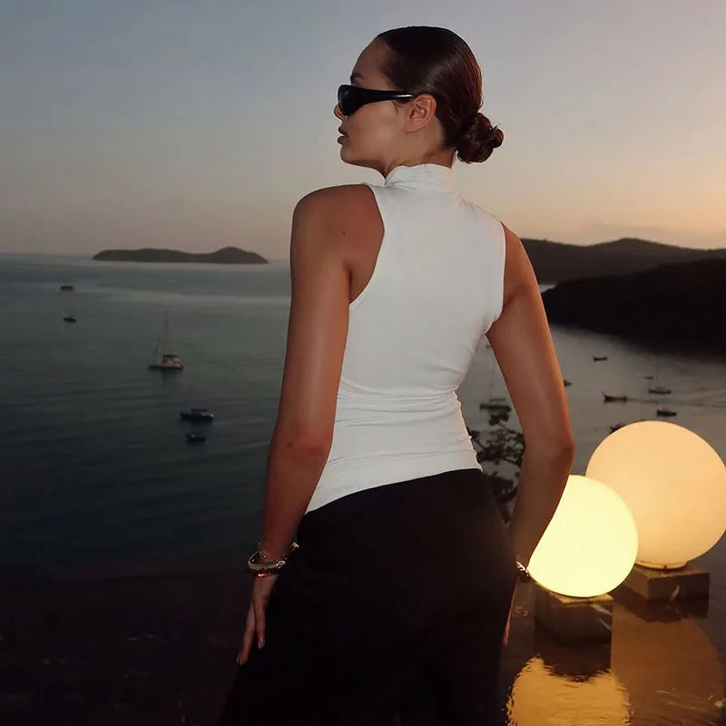 Gold Ring Turtleneck Tank Top White Sexy Sleeveless Tops Trending Women Summer Clothes 2025