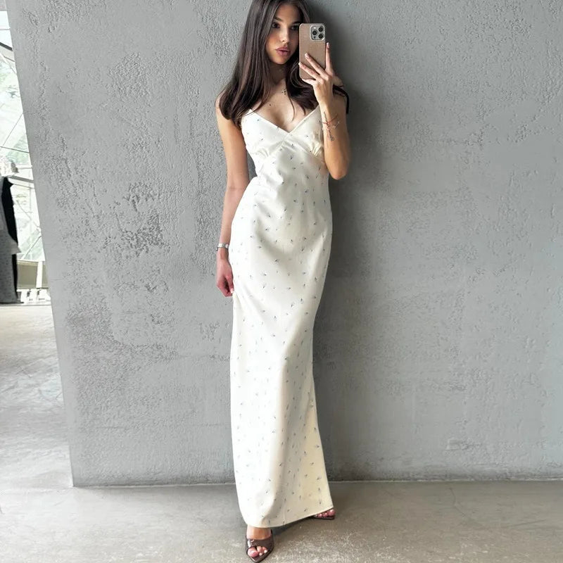 Spaghetti Strap V Neck Backless Split Long Dresses Elegant Satin Floral Dresses for Woman for Party