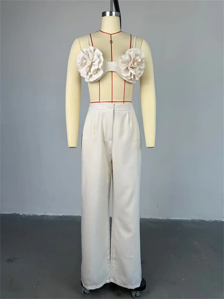 Vacation Beach Style 2 Piece Set Women Ruched Flower Bra Tops+Button Waist Straight Pants Fashion Sexy Trend Outfits
