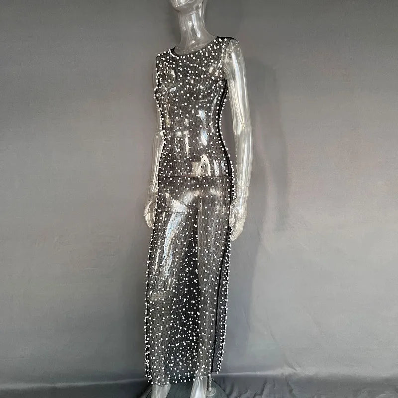 Bubble Beads Embellished Mesh Dress See Through Black White Sleeveless Long Dresses Beach Cover Up Rave Outfit