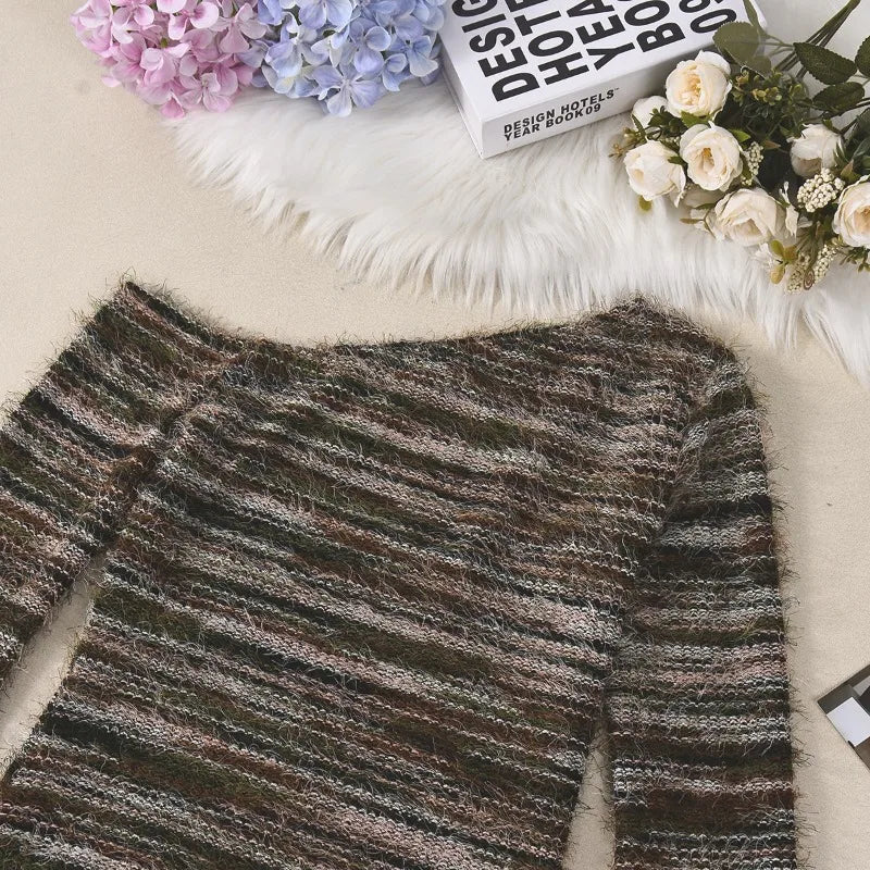 Striped Knitted Sweater Dresses for Woman Fall 2025 Fashion Sexy One Shoulder Long Sleeve Mini Dress