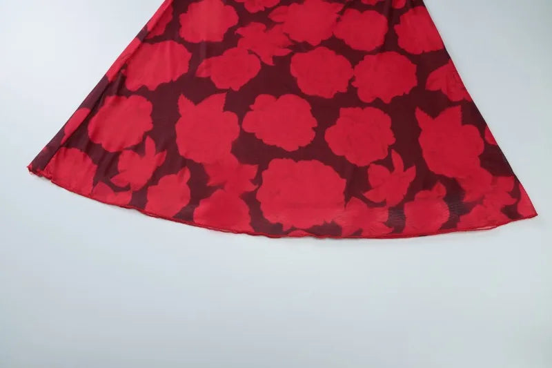 Double-layer Mesh Red Floral Backless Fishtail Maxi Dress Elegant Woman Clothing Nice Dresses for Dinner