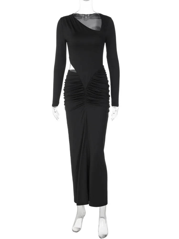 Women Elegant Maxi Dress Asymmetrical One Shoulder Long Sleeve Waist Cutout Ruched Bodycon Long Evening Party Dresses