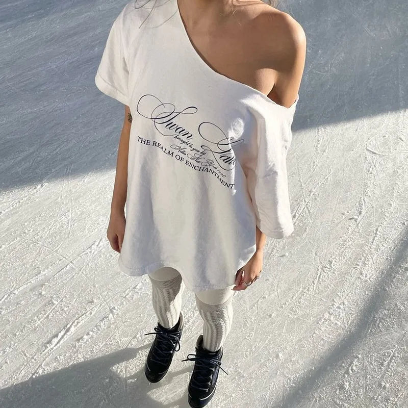 Letter Print Graphic T Shirts White Oversized One Shoulder Tops Womens Summer Fashion Clothing Trends 2024