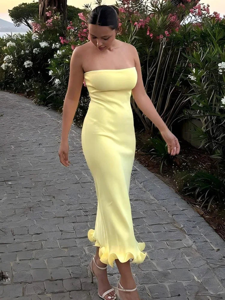 Ruffle Hem Strapless Backless Long Dresses 2024 Fashion Elegant Yellow White Black Dress Party Outfit Woman