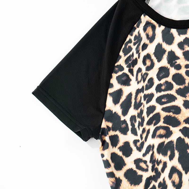 Leopard Print Fashion Patchwork 2 Piece Set Women o-Neck Short Sleeve Top+Ruched Waist Shorts Casual Sporty Outfits