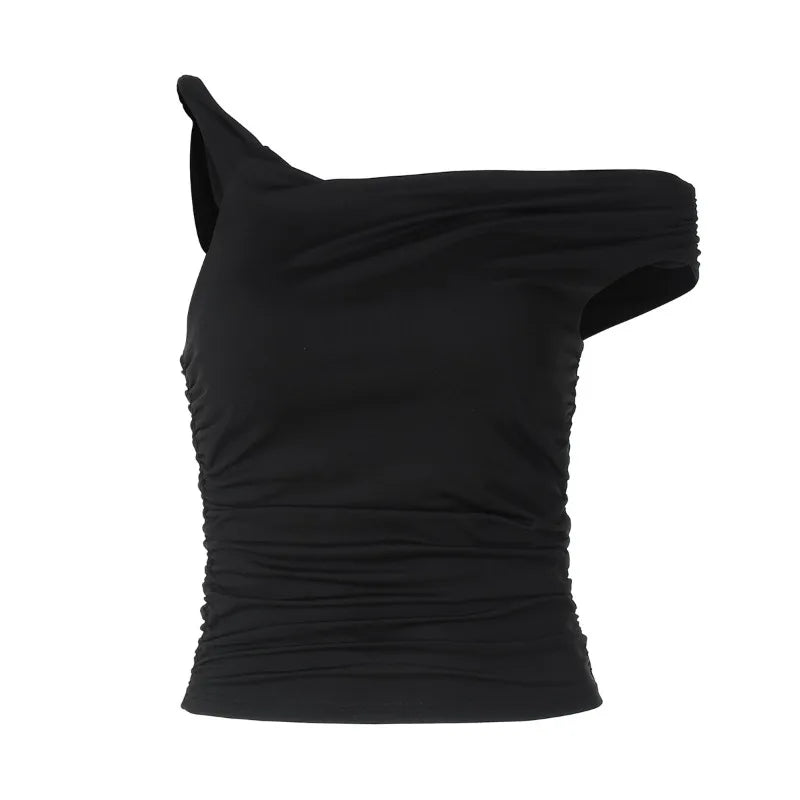 Twisted One Shoulder Asymmetrical Crop Tops Summer 2025 Fashion Sexy Black T Shirts Woman Clothing