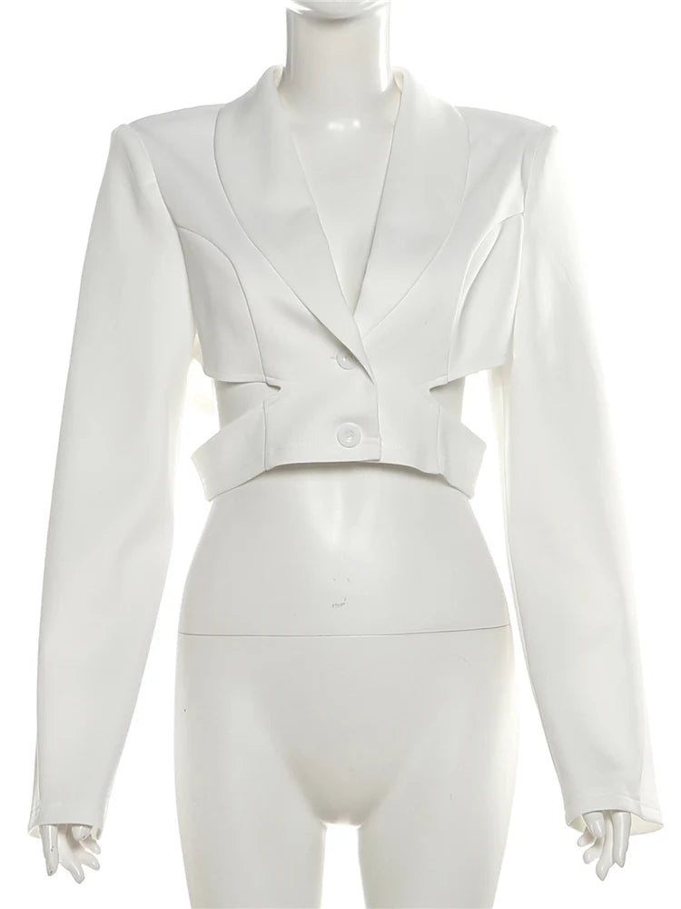 Hollow Waistless Crop Jacket Women Autumn Trend Chic Button Deep v-Neck Full Sleeve Streetwear Skinny Simple Blazers