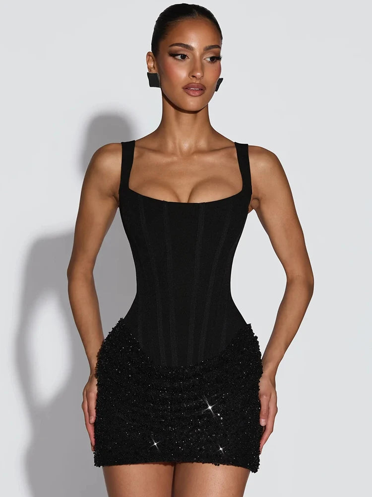 Sparkle Ruched Sexy Mini Dress Women Elegant Glitter Square Collar Sleeveless Backless High Waist Club Party Dresses