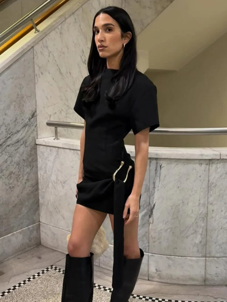 Metal Buckle Draped Short Dresses High Street Fashion Woman Clothing 2025 Summer Dress Black