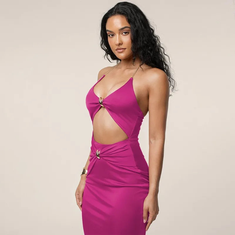 Hardwear Detail Hollow Out Backless Halter Long Dresses for Woman Clothing Sexy Black Dress Club Outfits