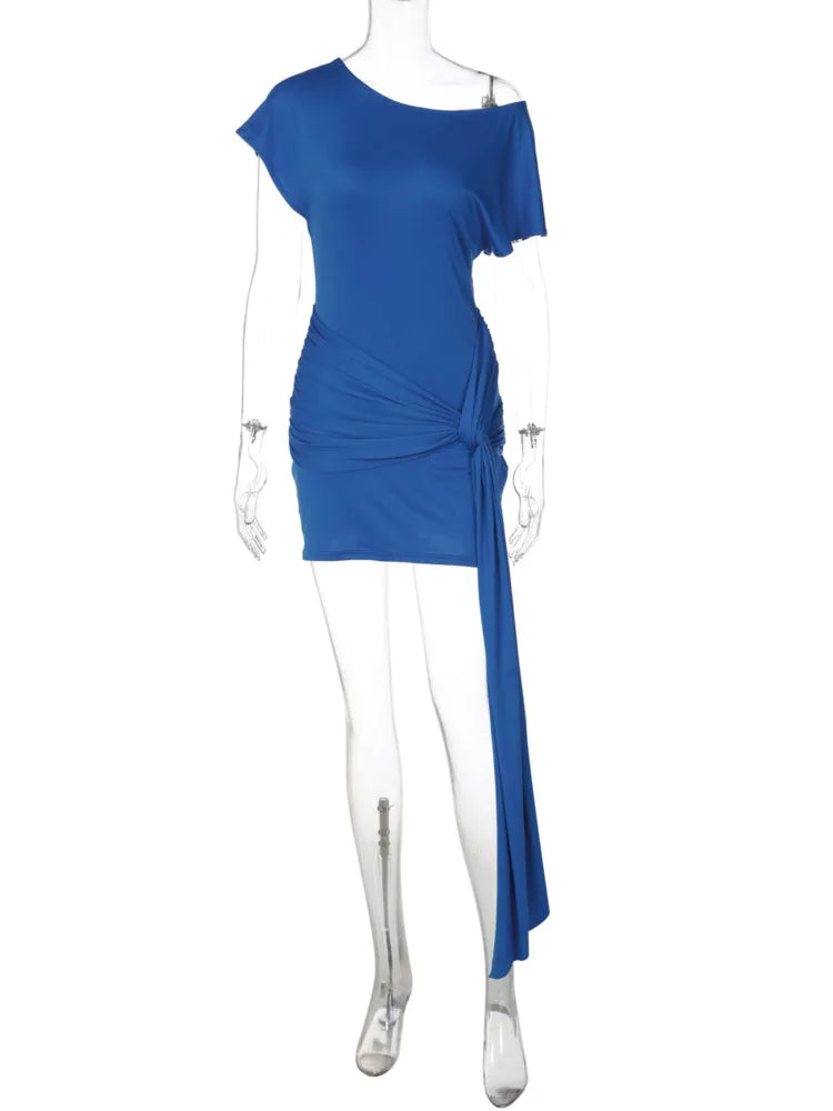 Diagonal Collar Backless Sexy Mini Dress Women Elegant One Shoulder Short Sleeve Draped Ruched Slinky Club Party Dress