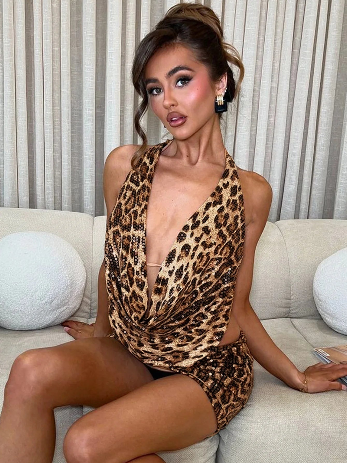 Leopard Print Sequin Backless Halter Top and Mini Skirt Two Piece Set Women Sexy Going Out Club Outfits