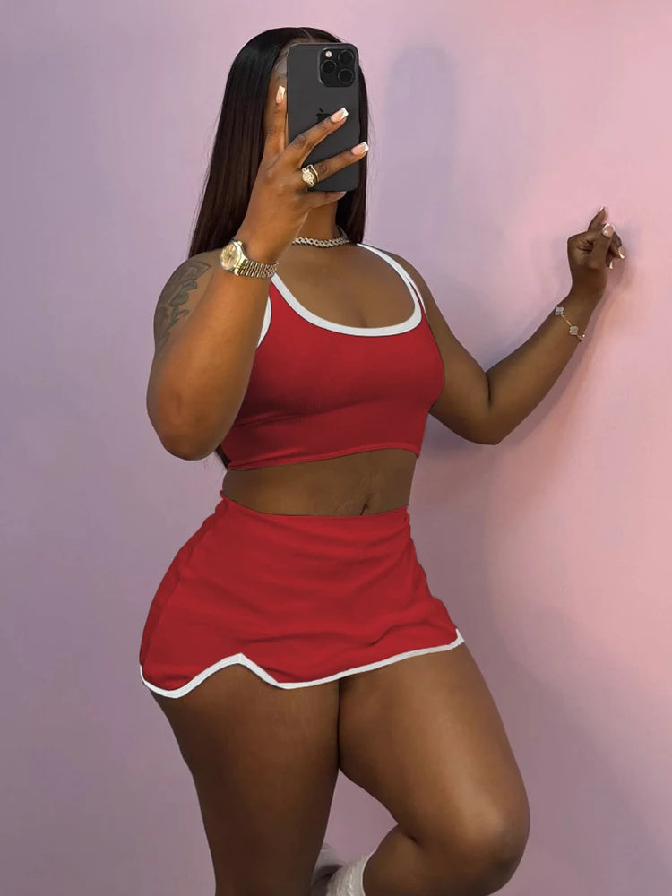 Casual Simple Women 2 Piece Set Tracksuit Skinny Tank Tops+Irregular Hem Skirts Matching Stretch Streetwear Outfits