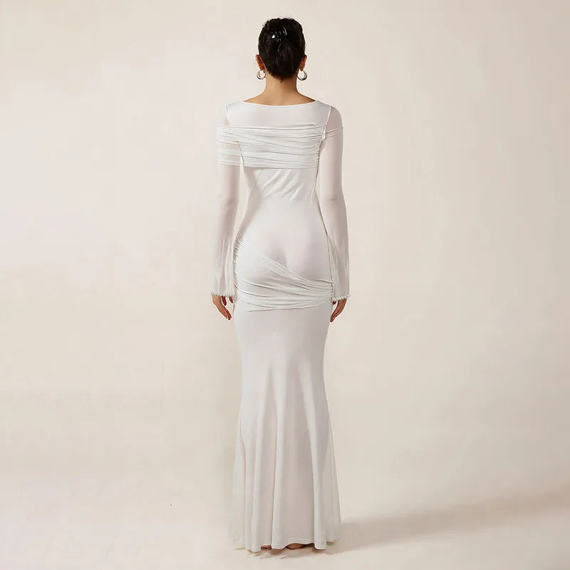 Mesh Patchwork Long Sleeve Maxi Dress White Elegant Dresses for Woman for Party Evening Gown Fall Winter 2025