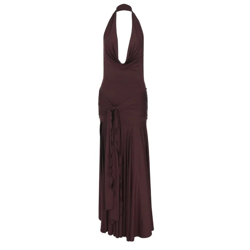 Deep V Neck Backless Split Maxi Dress Sexy Summer Brown Long Dresses Women Beach Vacation Outfits