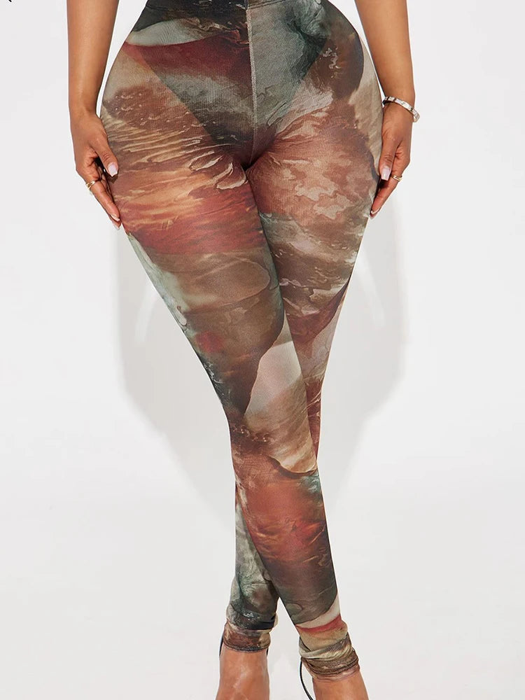 Sexy See Through Women Leggings Colorful Print High Waist Tight Midnight Party Club Y2K Stretch Skinny Long Trousers