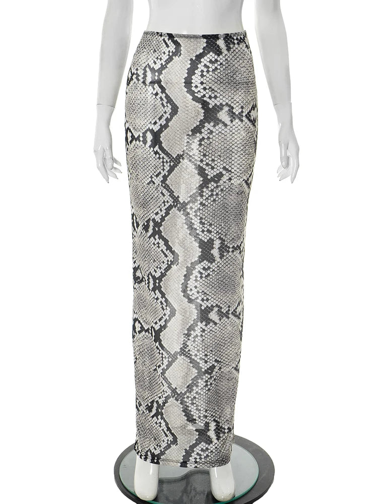 Serpentine Print Long Skirts Women Elastic Waist Mesh See Through Hot Girls Street Hipster Wild Style Classic Bottoms