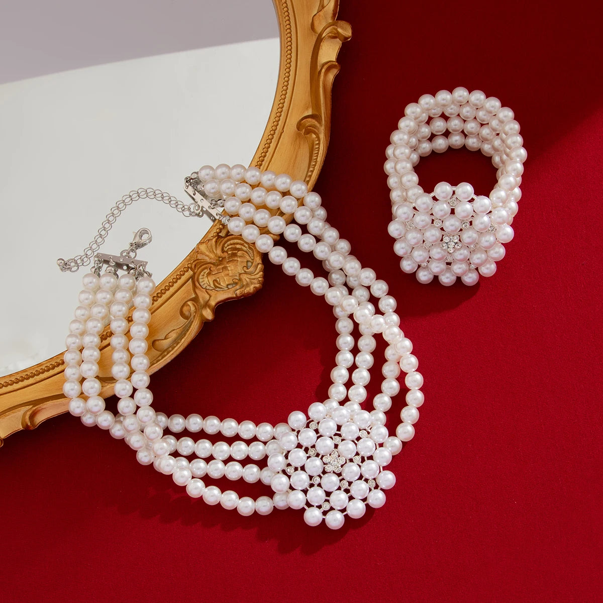 2Pcs Elegant Multilayer Imitation Pearl Chain Necklace Bracelet Women Wed Bridal Flower Choker Aesthetic Jewelry Set