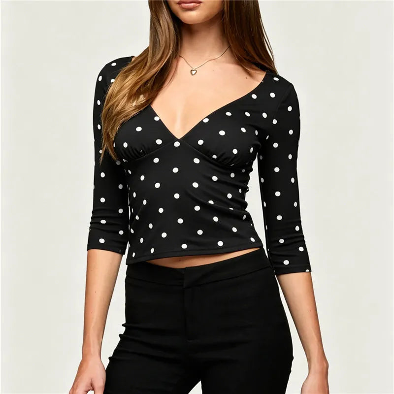Women Vintage Polka Dot Crop Top Deep V 3/4 Sleeve Wrap Bust Slim Fitted Short T Shirt Retro Casual Y2K Basic Blouse