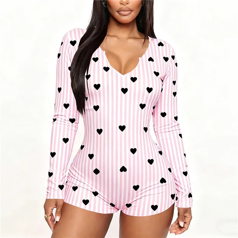 Women Romper Overall Slim Fit Love Heart Print V Neck Long Sleeve Playsuits Sexy Bodysuit Pajama for Valentines Day
