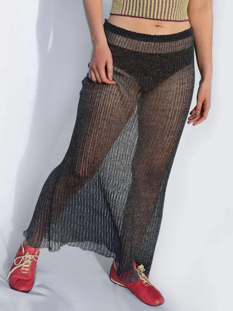 See Through Mesh Long Pleated Skirts for Women Bottoms Elegant Sexy Grey Black Pink Maxi Skirt Y2k Fairycore