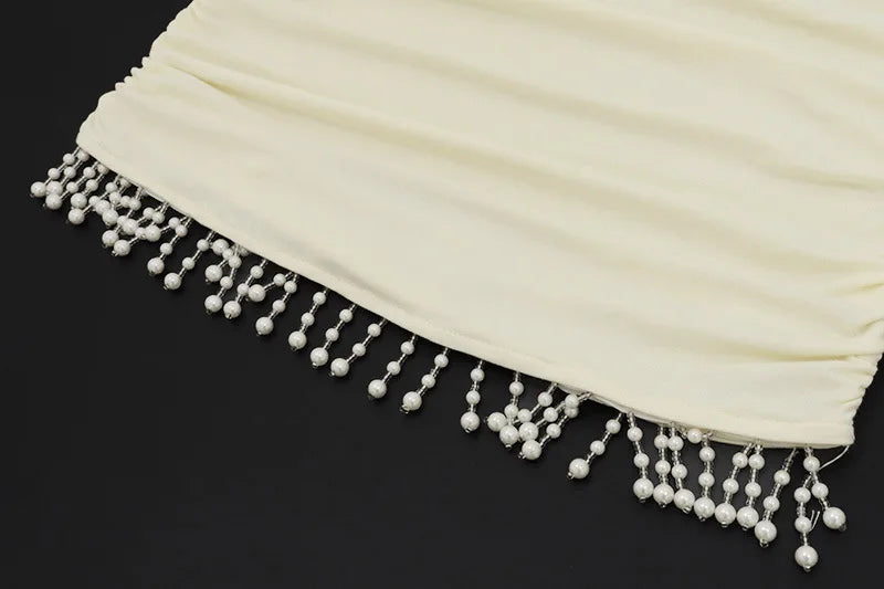 Sexy Irregular Hollow Dress Women Halter Off Shoulder Backless Ruched Bead Patchwork Hem Fashion Elegant Mini Bodycon