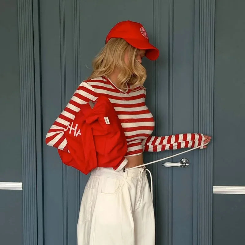 Red and White Striped Long Sleeve Crop Top Street Fashion T Shirt for Woman Autumn Clothes 2026