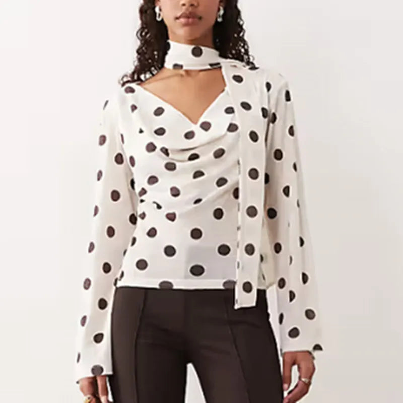 Womens Long Sleeve Tops Slim Fit Stylish High Street Dots Print Cowl Neck T-Shirt with Scarf 2 Pcs Set for Fall Spring