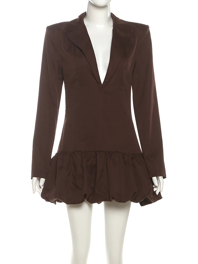 Deep V-Neck Mini Dress Women Lapel Shoulder Padded Patchwork Bud Ruched Full Sleeve Sexy Elegant Slim Office Bodycon