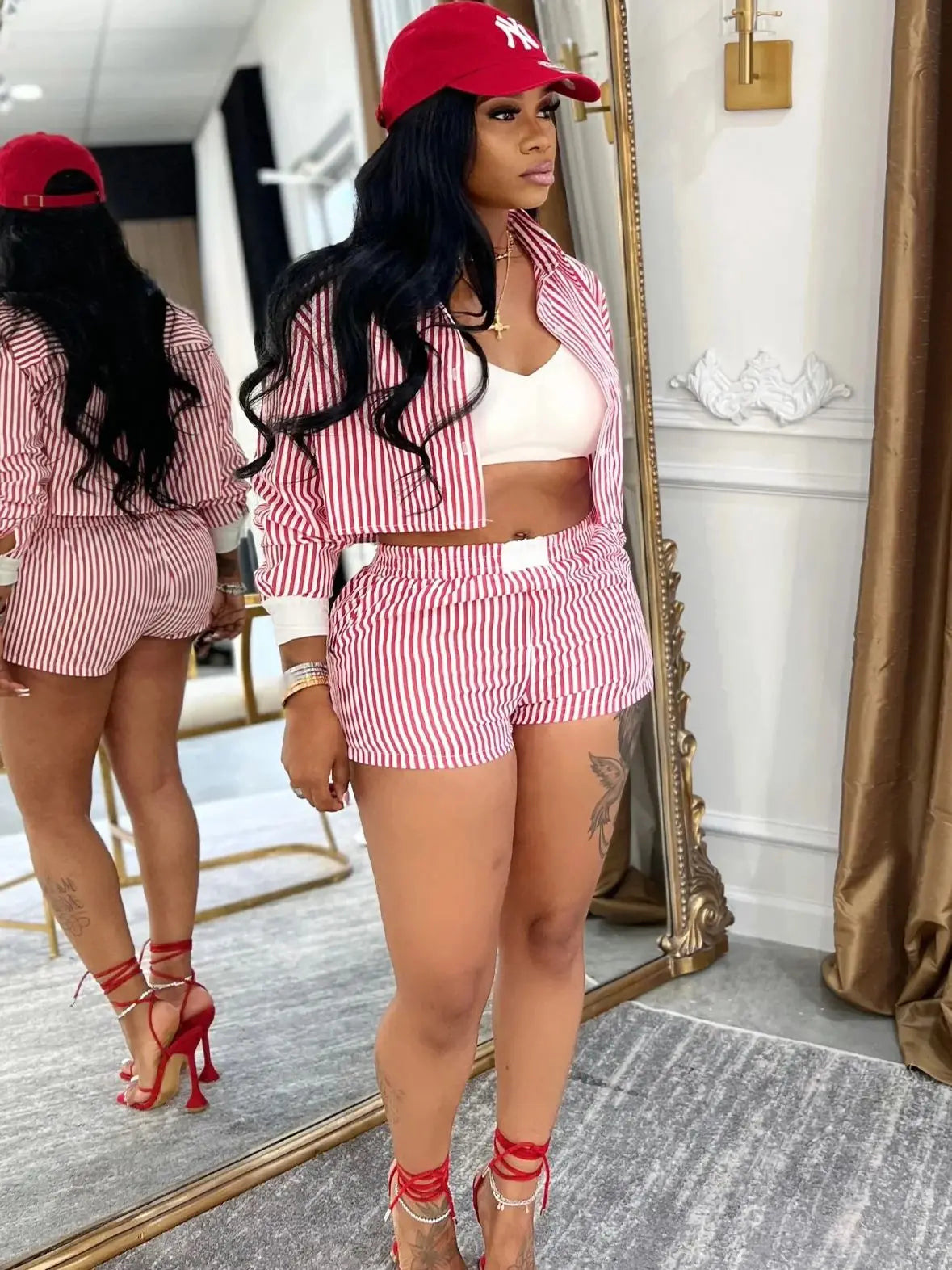 Stripe Single Button 2 Piece Set Women Elegant Patchwork Crop top+Shorts Casual Streetwear Simple Activity Outfits