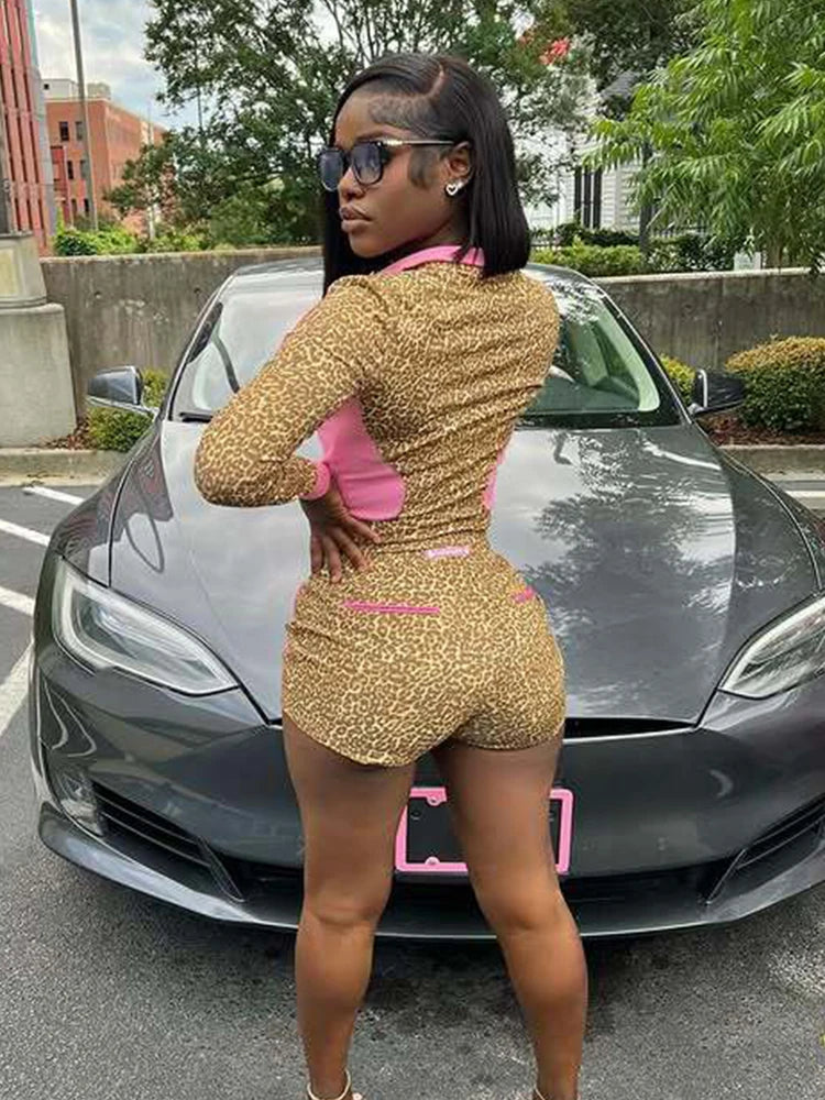 Casual Women 2 Piece Set  Tracksuit Leopard Print Patchwork Zip Crop Jacket+Shorts Sporty Stretch Streetwear Outfits