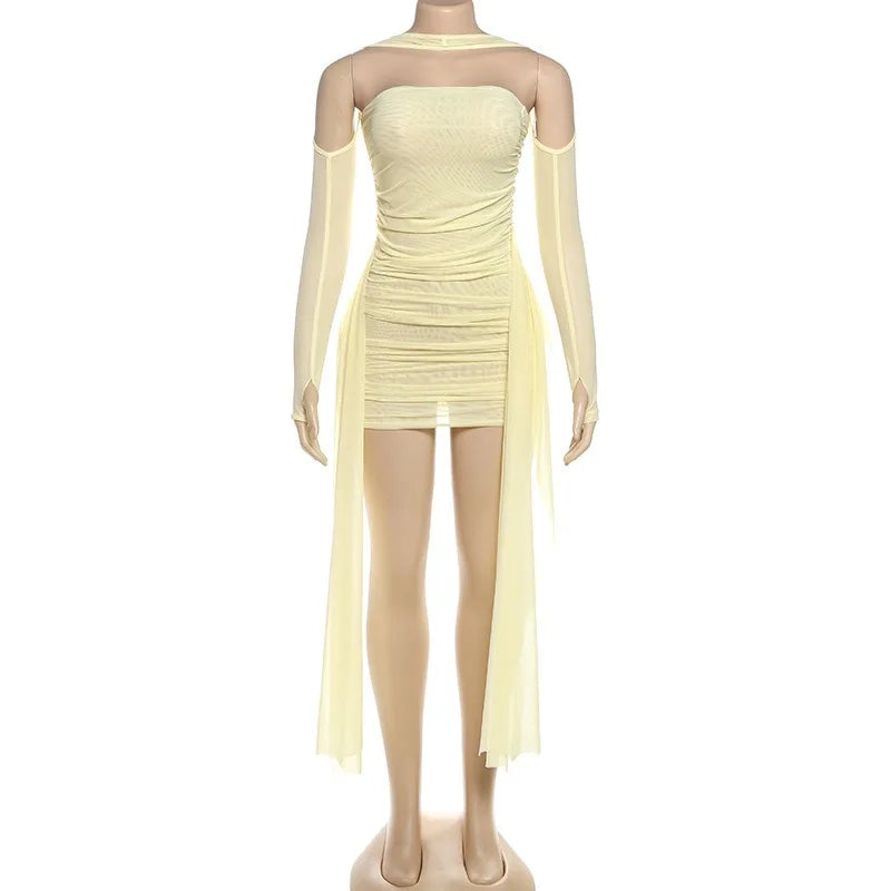 Off The Shoulder Mini Dress with Long Sleeves Sexy Mesh Sheer Birthday Party Dresses Woman Fashion 2025