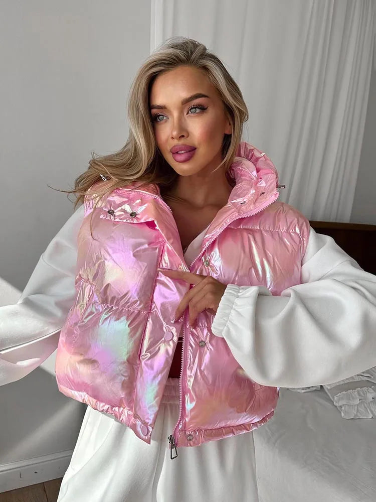 Casual Hooded Zip Crop Tank Tops Women Warm Shirring Hem Metal Buckle Basic Street Quilted Warm Stree Vest Jacket