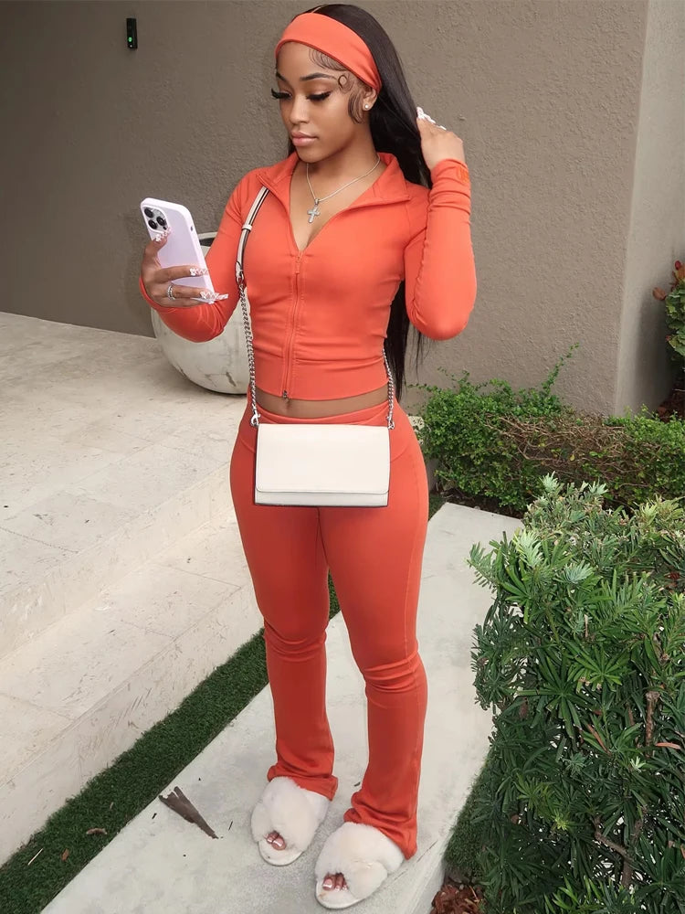 Casual Sporty 2 Piece Set Women Tracksuit Basic Stretch Zip Jacket+Stretch Flare Pants Matching Fitness Street Outfit