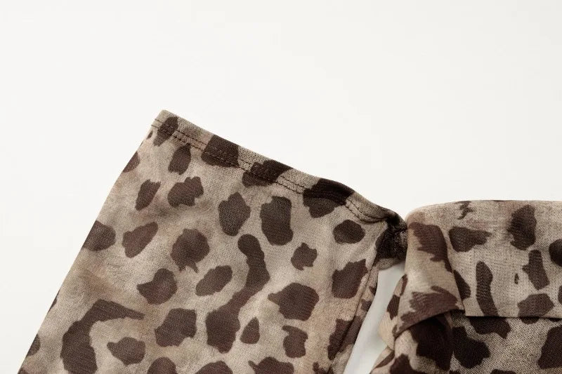 Leopard Print Mesh Sheer Sexy One Shoulder Top Long Sleeve Shirts & Blouses Woman Fall 2025