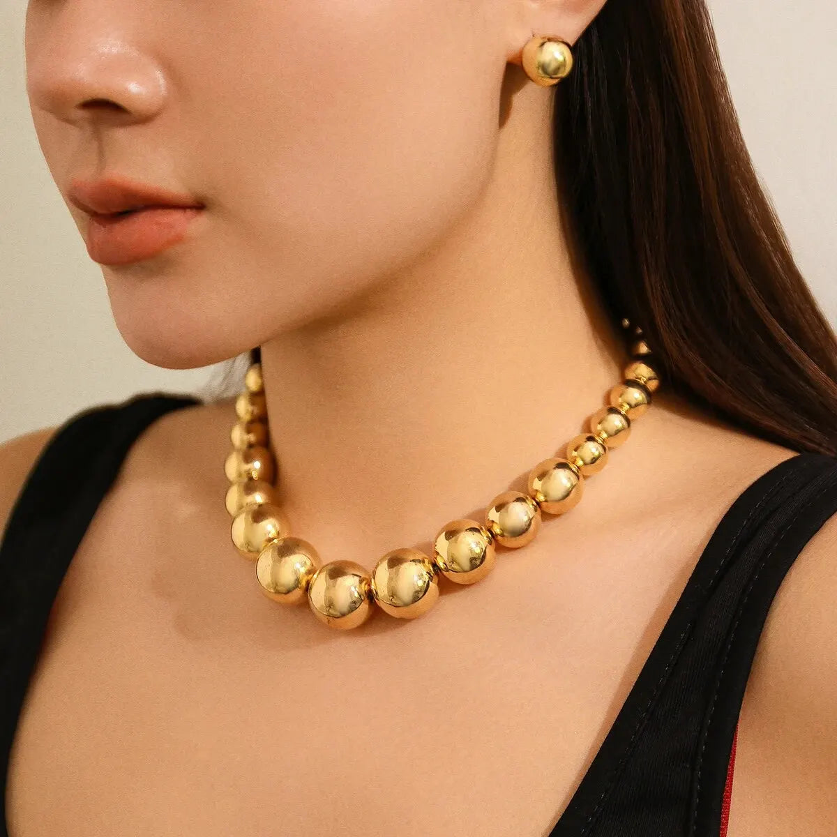 2Pcs Exaggerated Gold Color Big Beads Necklace Stud Earrings for Women Luxury Punk CCB Choker Jewelry Set Party Club Accessories