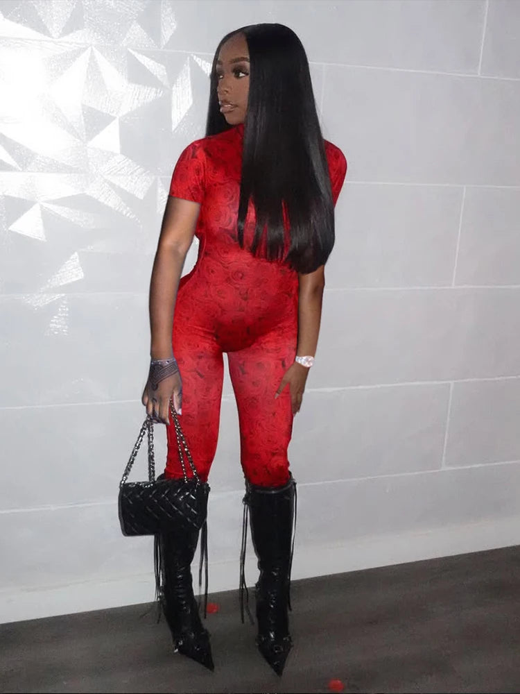 Flower Print Jumpsuits Women Turtleneck Short Sleeve Backless Skinny Peach Hip Midnight Club Party Fashion Overalls