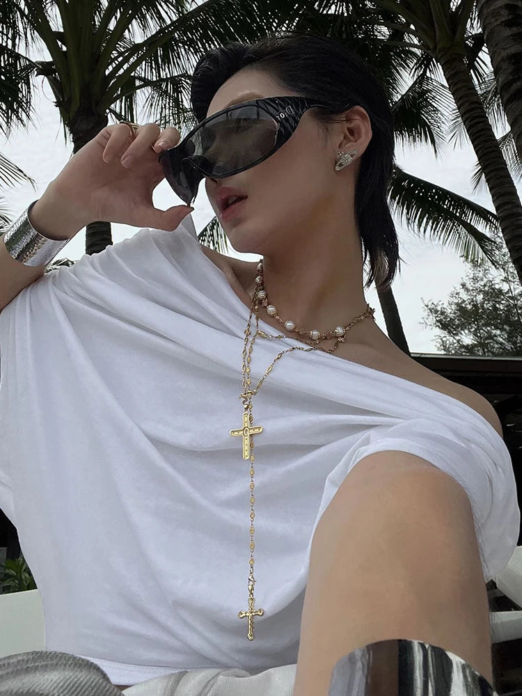 One Shoulder Crop Tops Women Folds Skinny Loose Summer Korean Style Simple Classic Casual Street Daily Harajuku Tops