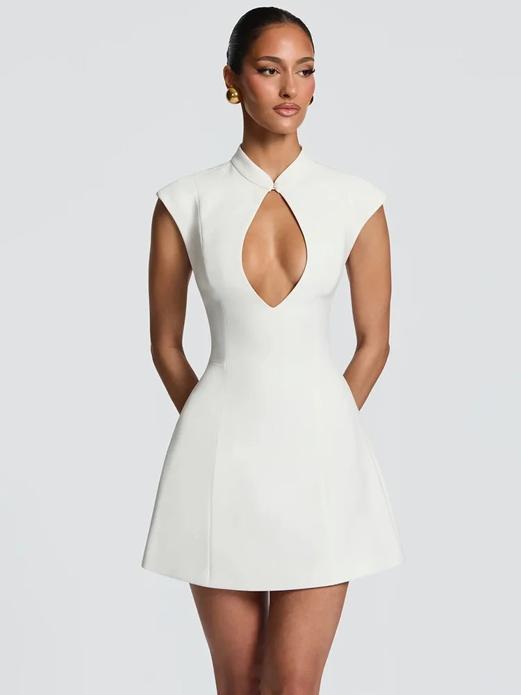 Women Cap Sleeve Sexy Mini Dress Stand Collar Cutout Front Lace Up Back Flared Dress A Line Party Cocktail Short Dress