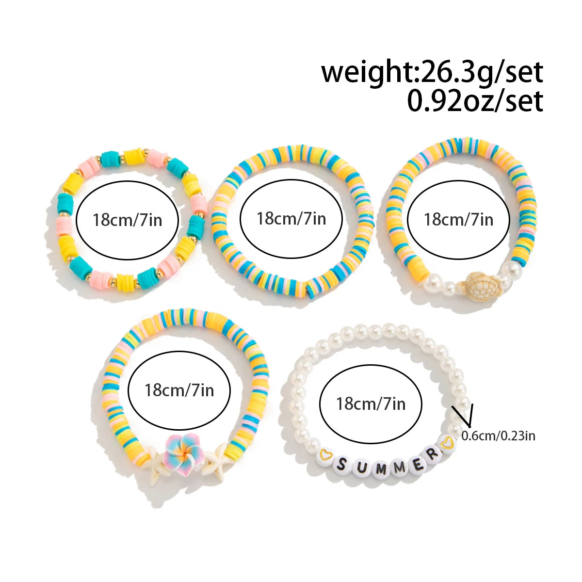 5Pcs/Set Romantic Tiny Flower Plastic Turtles Chain Bracelets Women Boho Polymer Clay Charm Bangles Y2K Summer Jewelry