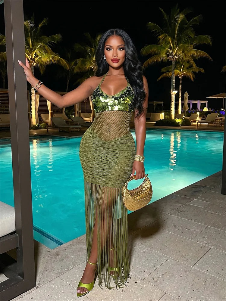 Sequin Knit Maxi Dress Women Hollow Long Tassel Halter Bandgae Low-Neck See Through Sleeveless Backless Vestidos
