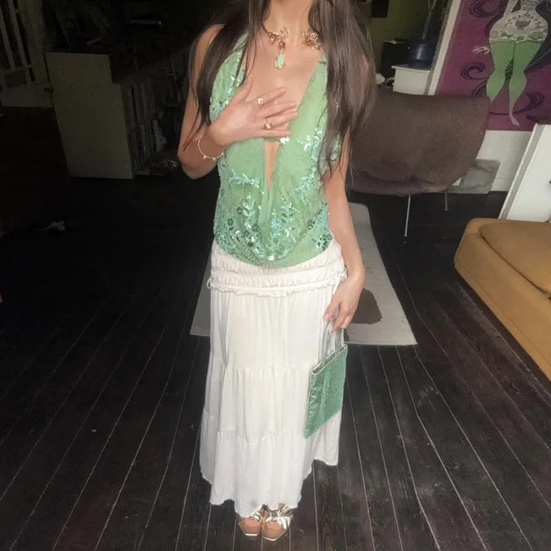 Woman Summer Top Embellished Mesh Tanks & Camis Boho Vacation Sexy Sequin Floral V Neck Backless Halter Tops