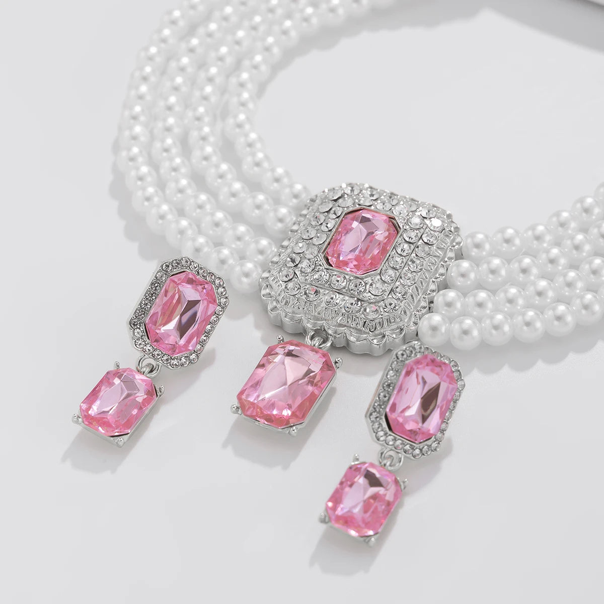 Luxury Multilayer Imitation Pearl Chain Necklace Rhinestone Pendant Stud Earrings for Women Elegant Wed Jewelry Set New