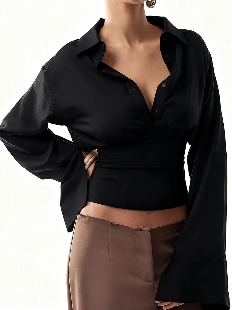 Lapel Blouse Tops Women Single-Breasted Long Sleeve Solid Casual Classic Simple Skinny Trend Elegant Office Slim Tees