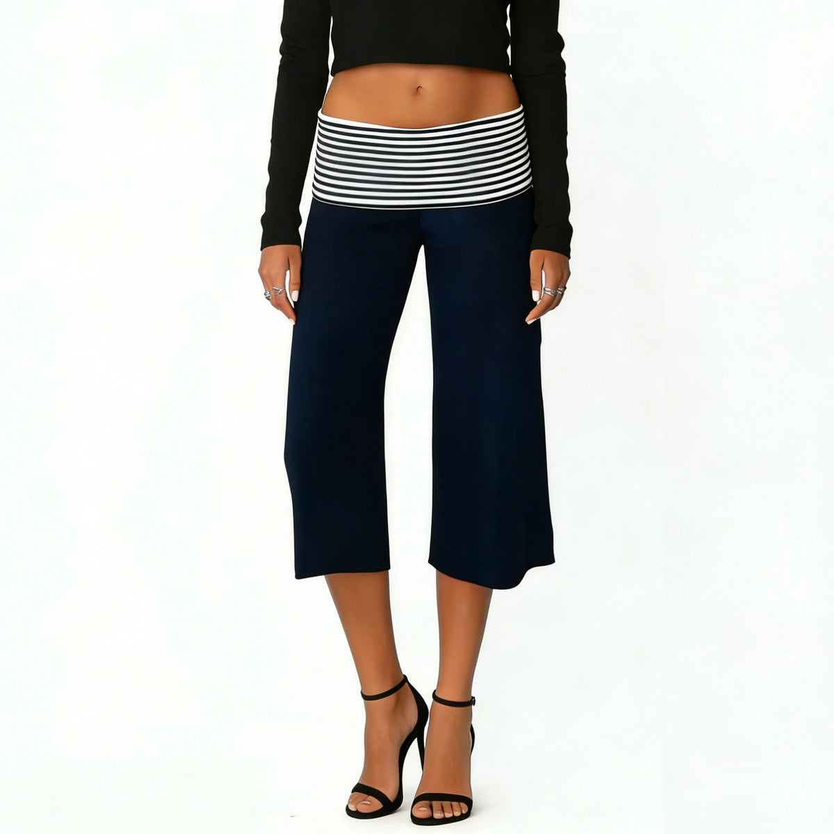 Womens Fold Over Lounge Capri Pants Striped Low Rise Wide Leg Gaucho Pants Yoga Culottes Casual Foldover Bottoms