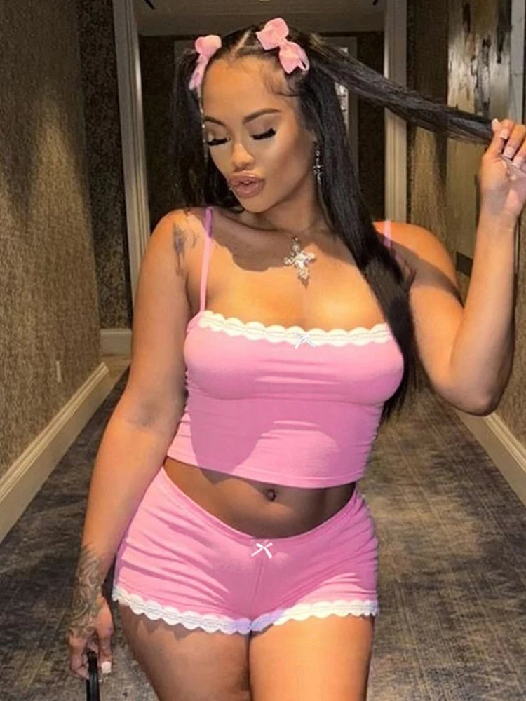 Lace 2 Piece Set Women Sporty Casual Tracksuit Camisole Tops+Shorts Matching Tight Streetwear Skinny Stretch Outfits